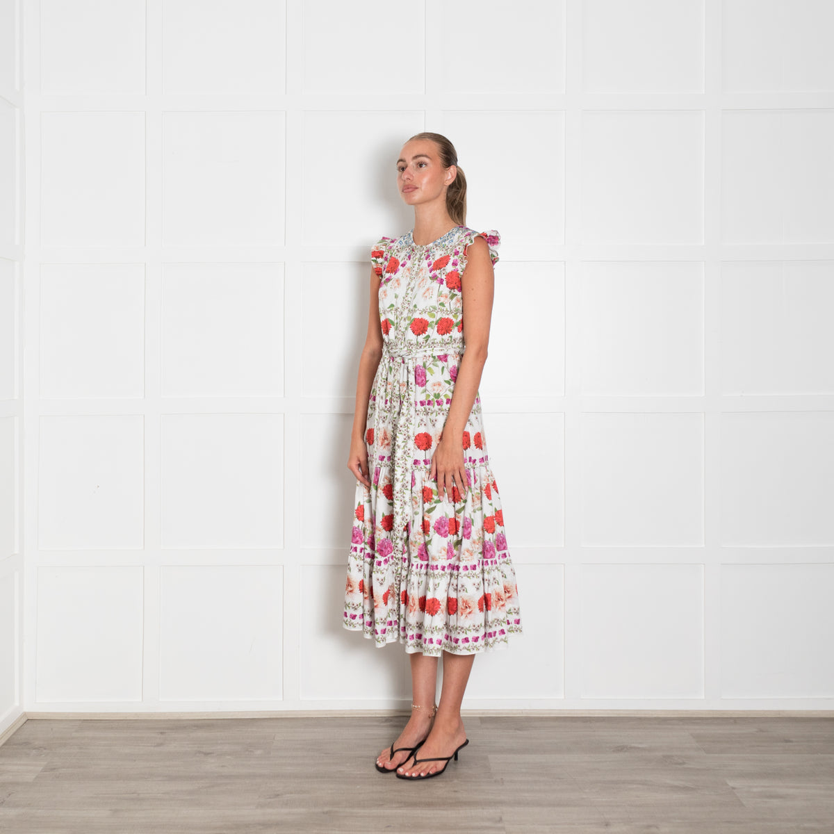 Borgo De Nor White Red Purple Green Multi Floral Sleeveless Midi Belted Dress