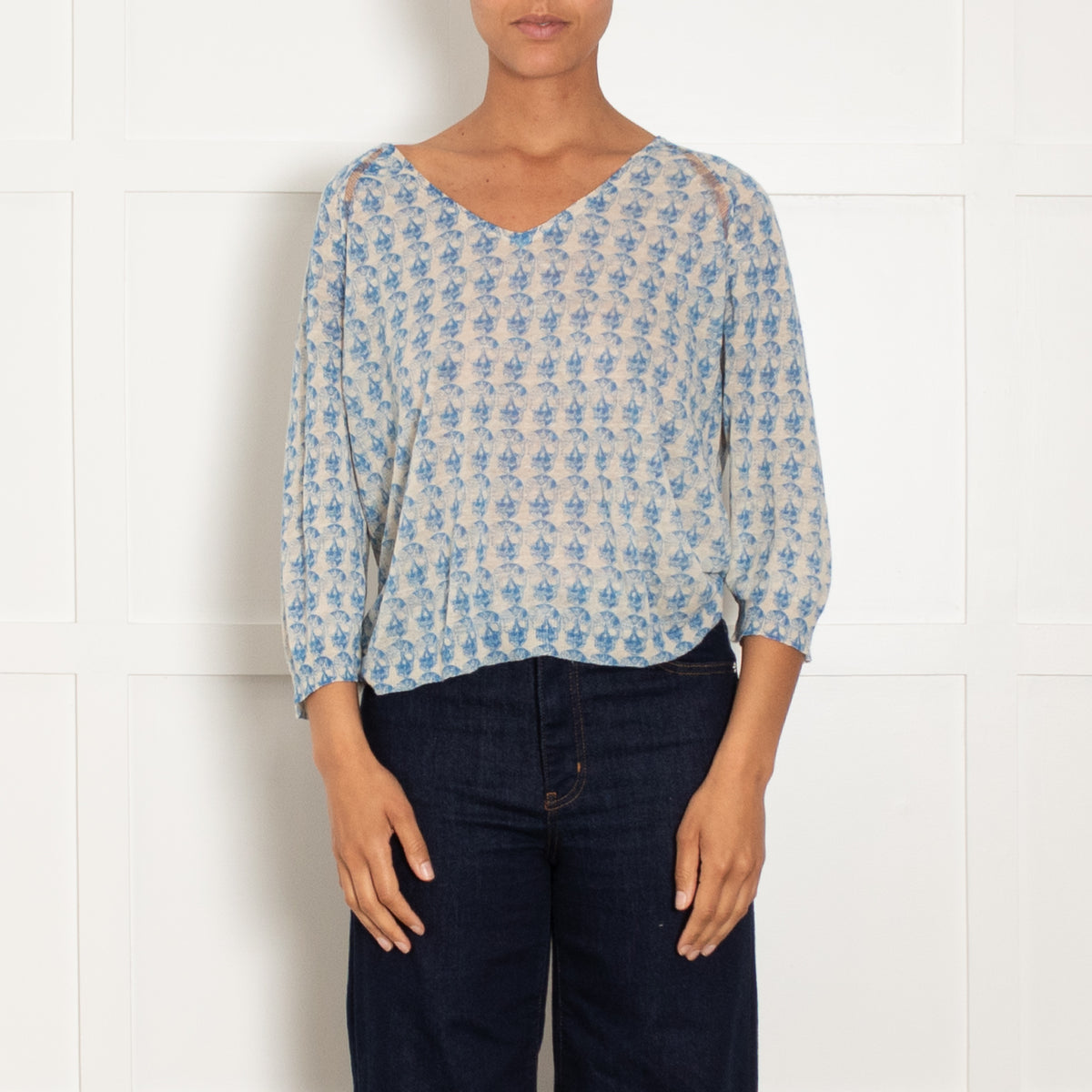 Zadig & Voltaire Preloved Blue and Beige Skull Print Linen Top