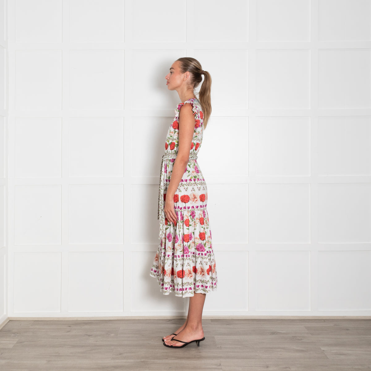 Borgo De Nor White Red Purple Green Multi Floral Sleeveless Midi Belted Dress