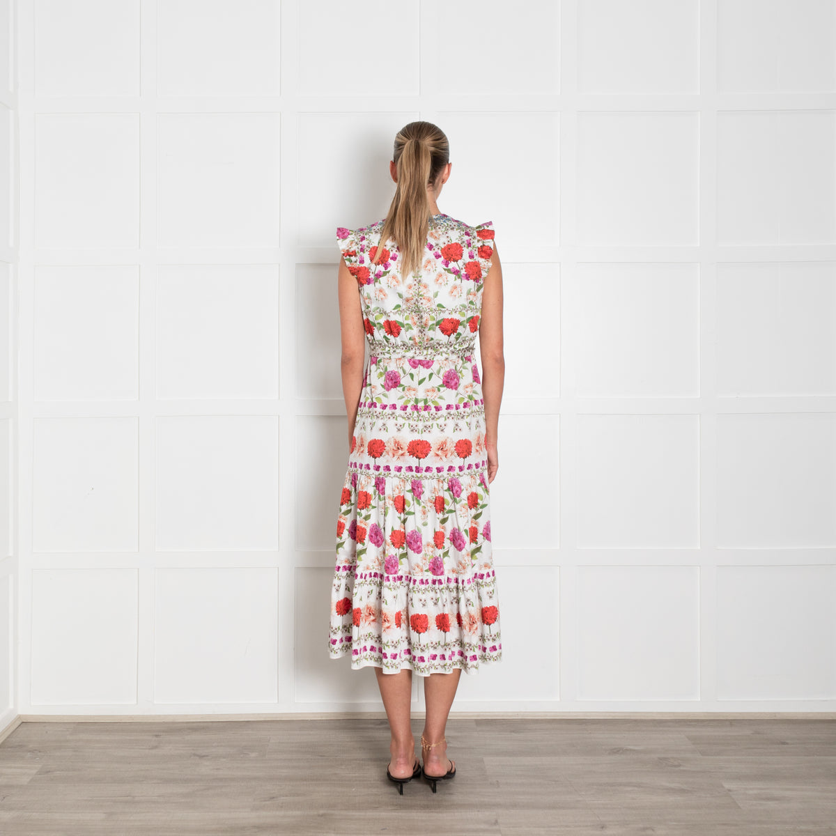 Borgo De Nor White Red Purple Green Multi Floral Sleeveless Midi Belted Dress