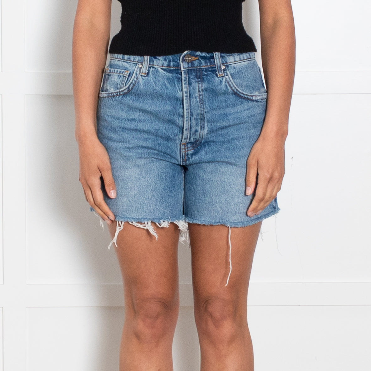 Anine Bing Button Front Dark Denim Shorts