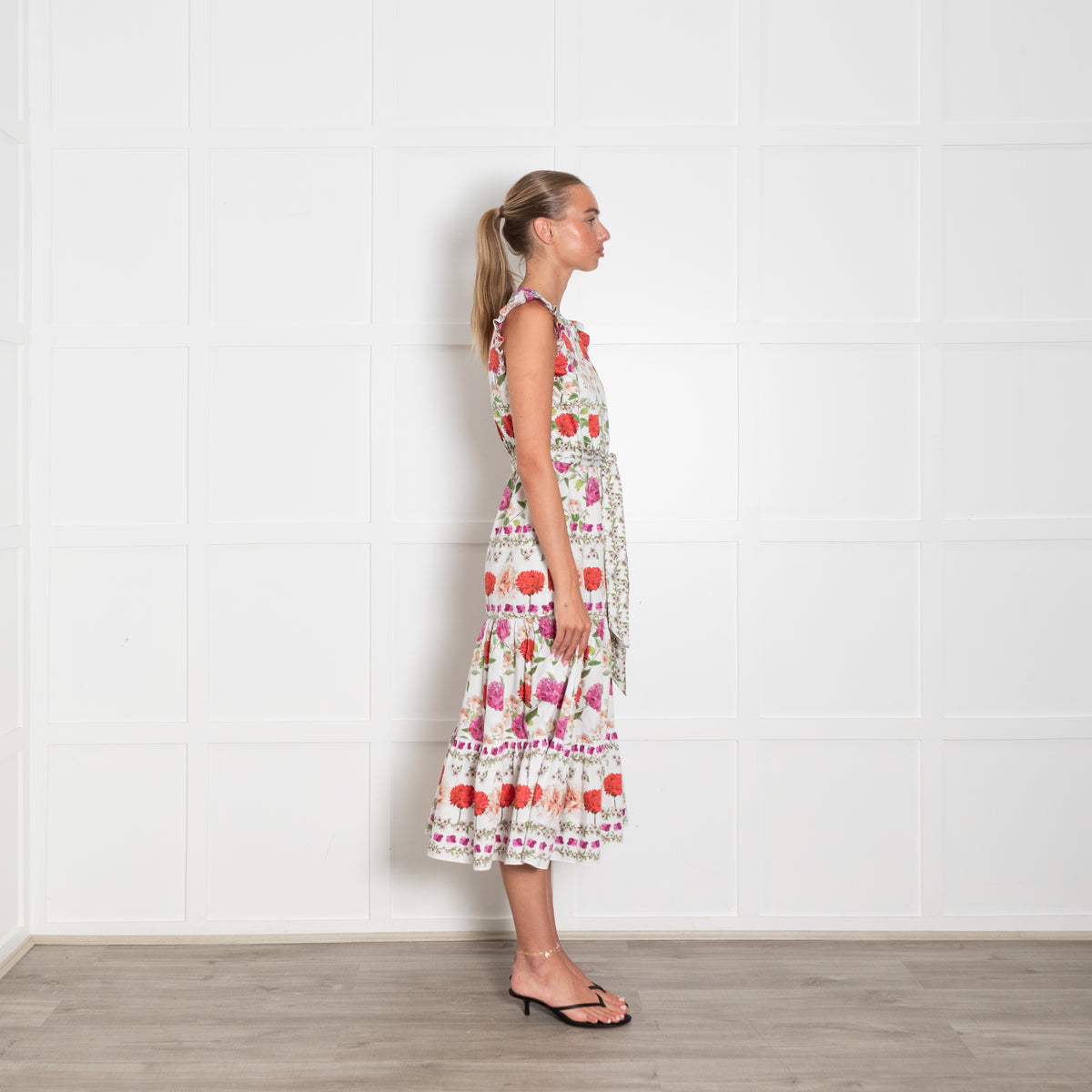 Borgo De Nor White Red Purple Green Multi Floral Sleeveless Midi Belted Dress