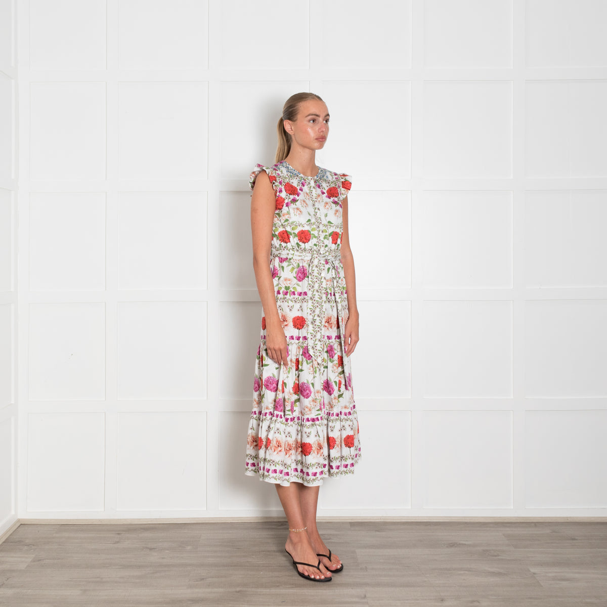 Borgo De Nor White Red Purple Green Multi Floral Sleeveless Midi Belted Dress