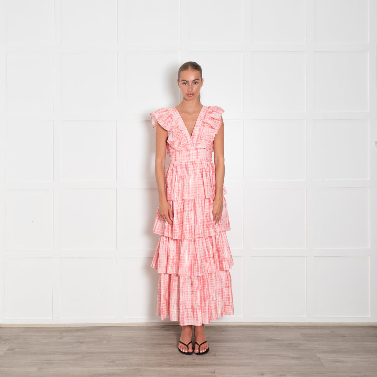 Alex Vinash New York Pink Coral Lurex Stripe Ruffle Maxi Dress