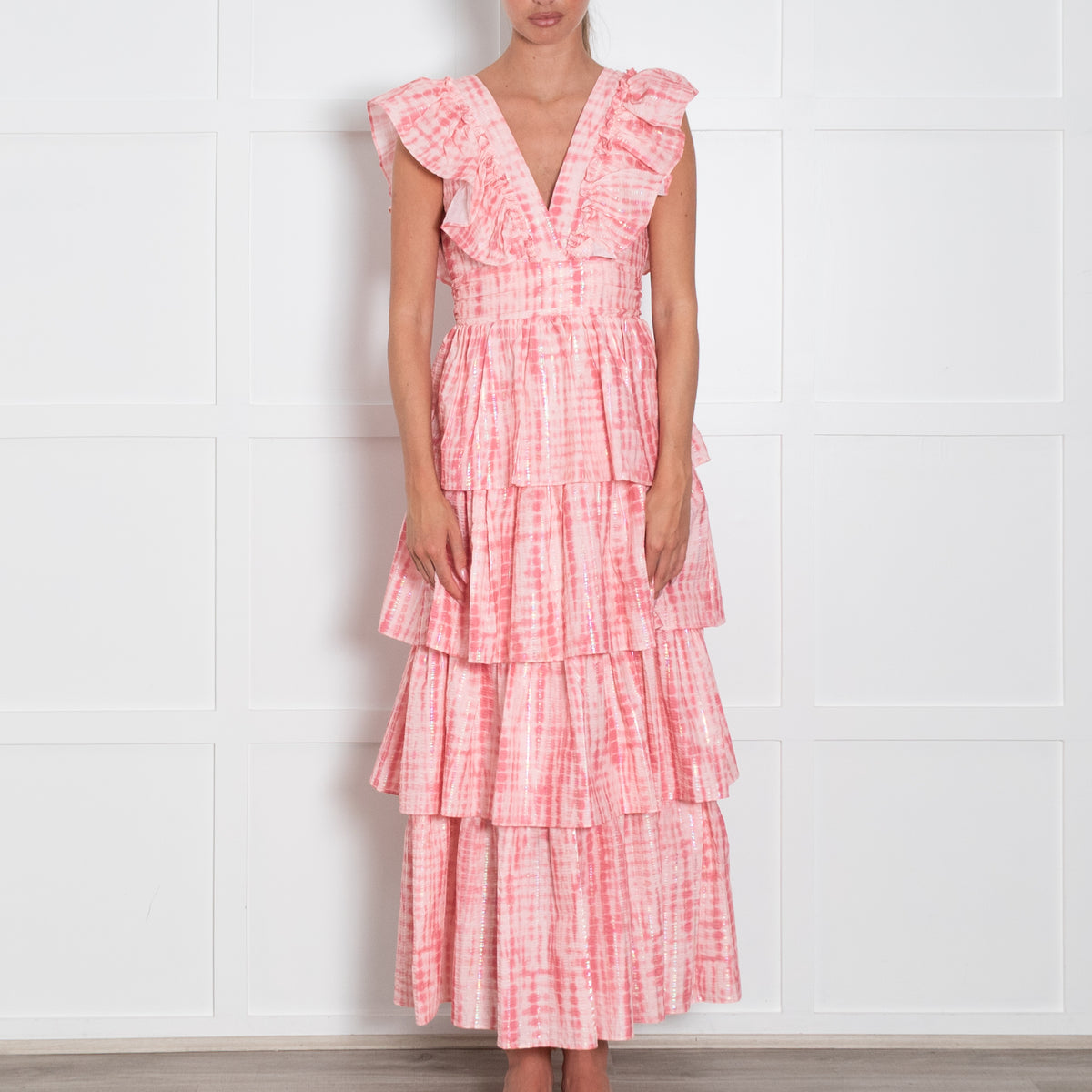 Alex Vinash New York Pink Coral Lurex Stripe Ruffle Maxi Dress