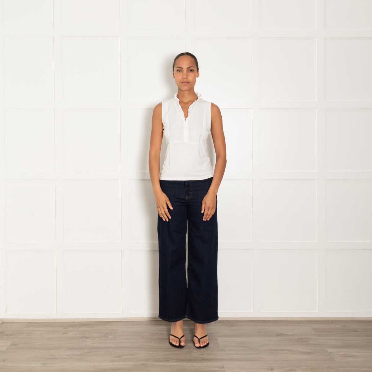 Me + Em White Cotton Sleeveless Ruffle Trim Top