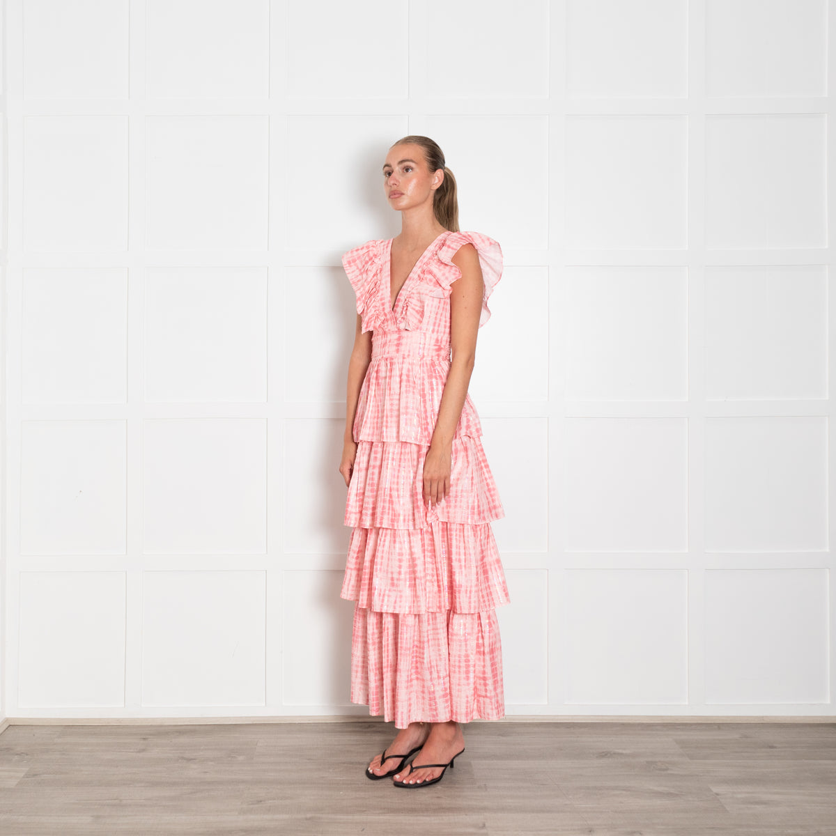 Alex Vinash New York Pink Coral Lurex Stripe Ruffle Maxi Dress
