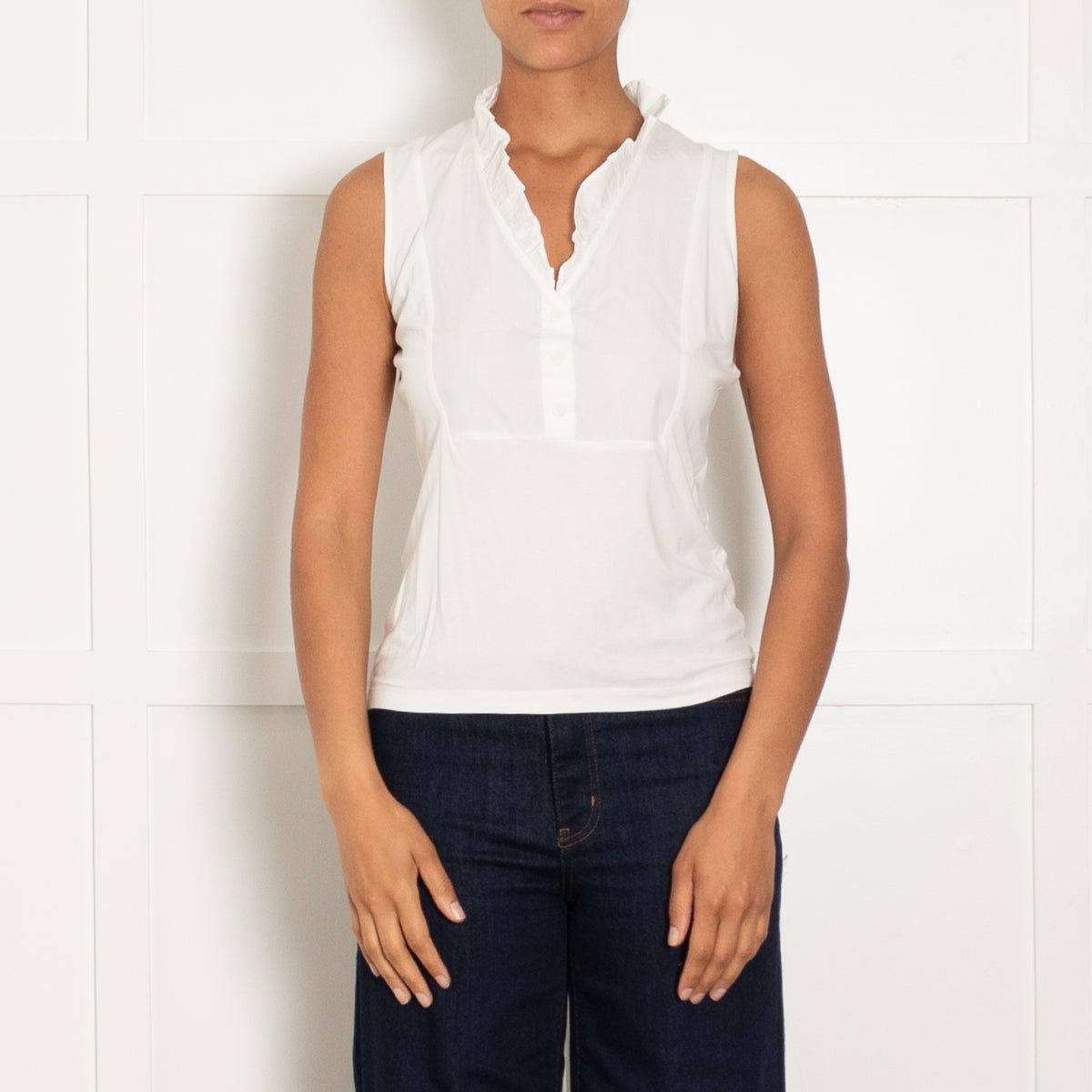 Me + Em White Cotton Sleeveless Ruffle Trim Top