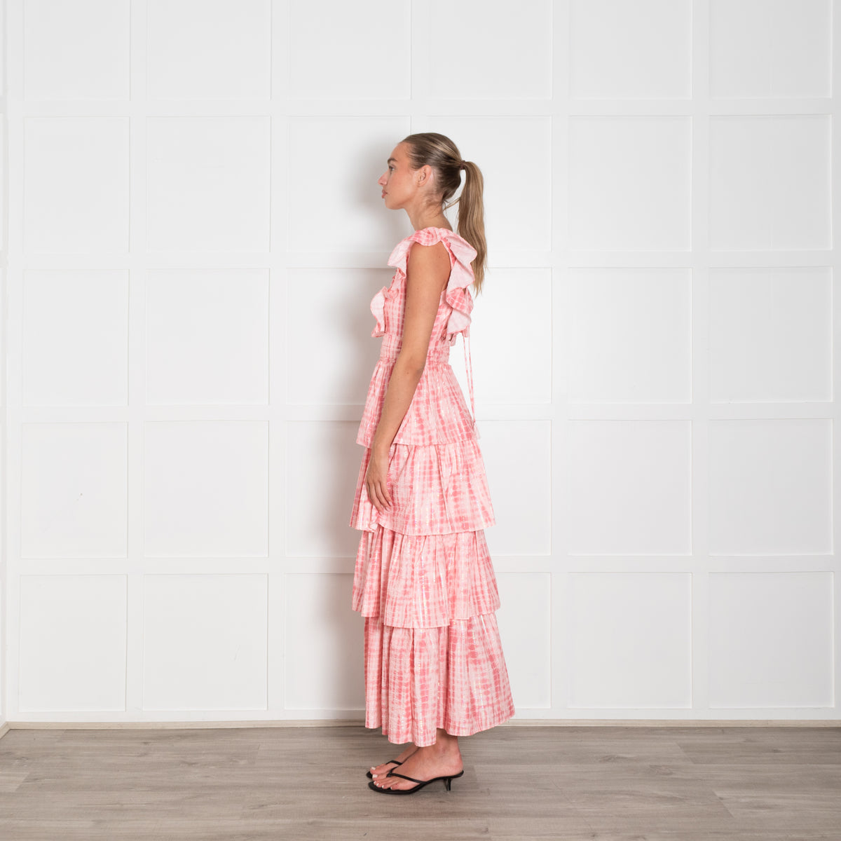 Alex Vinash New York Pink Coral Lurex Stripe Ruffle Maxi Dress