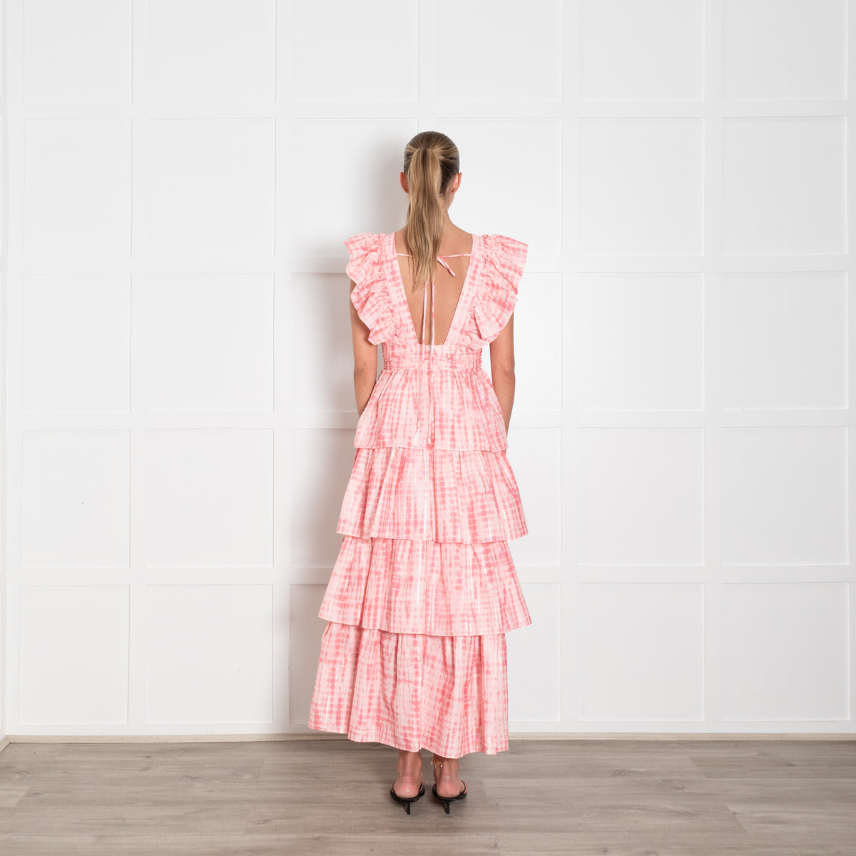 Alex Vinash New York Pink Coral Lurex Stripe Ruffle Maxi Dress