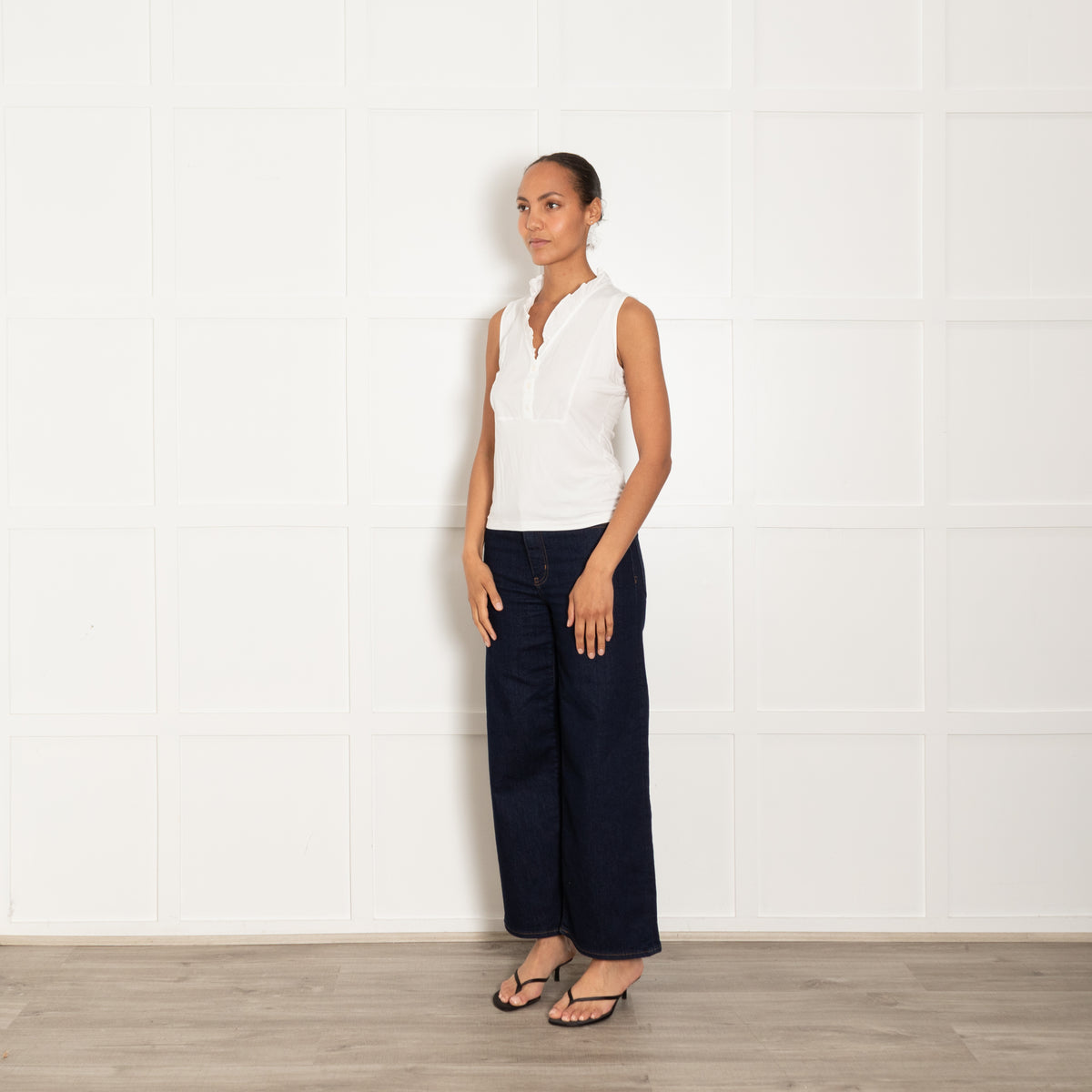 Me + Em White Cotton Sleeveless Ruffle Trim Top