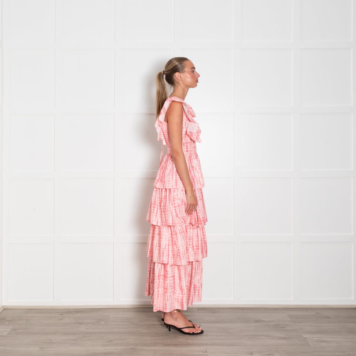 Alex Vinash New York Pink Coral Lurex Stripe Ruffle Maxi Dress