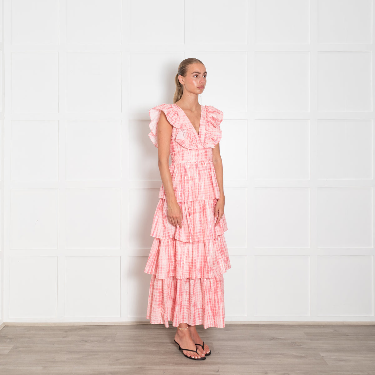 Alex Vinash New York Pink Coral Lurex Stripe Ruffle Maxi Dress