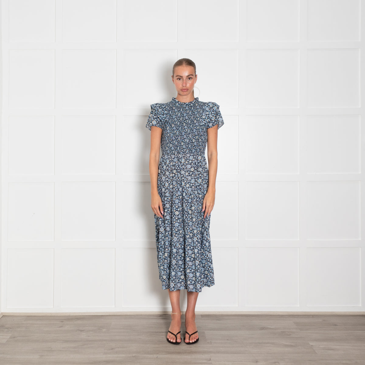 Cefinn Navy Blue Cream Floral Print Smocking Detail Maxi Dress