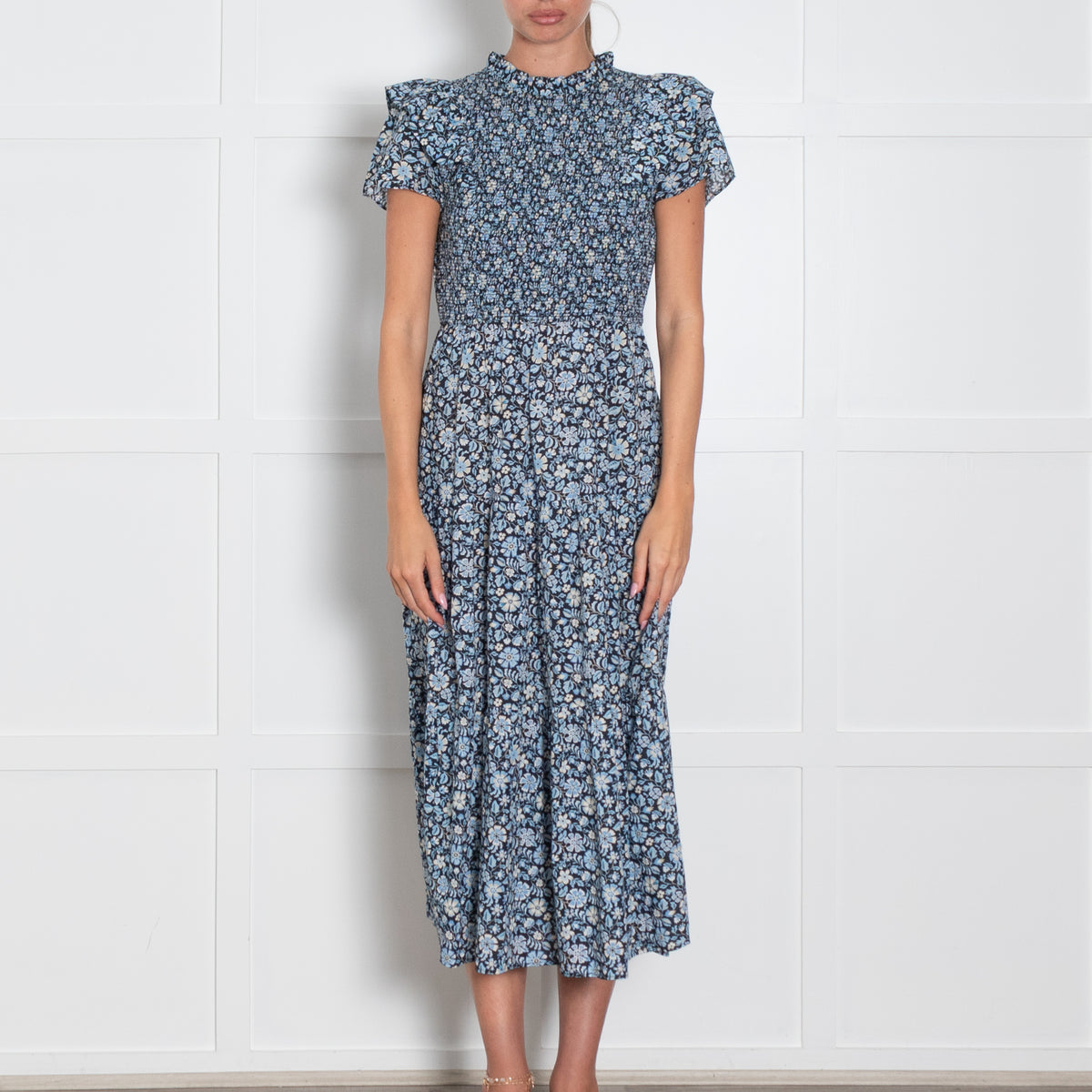 Cefinn Navy Blue Cream Floral Print Smocking Detail Maxi Dress