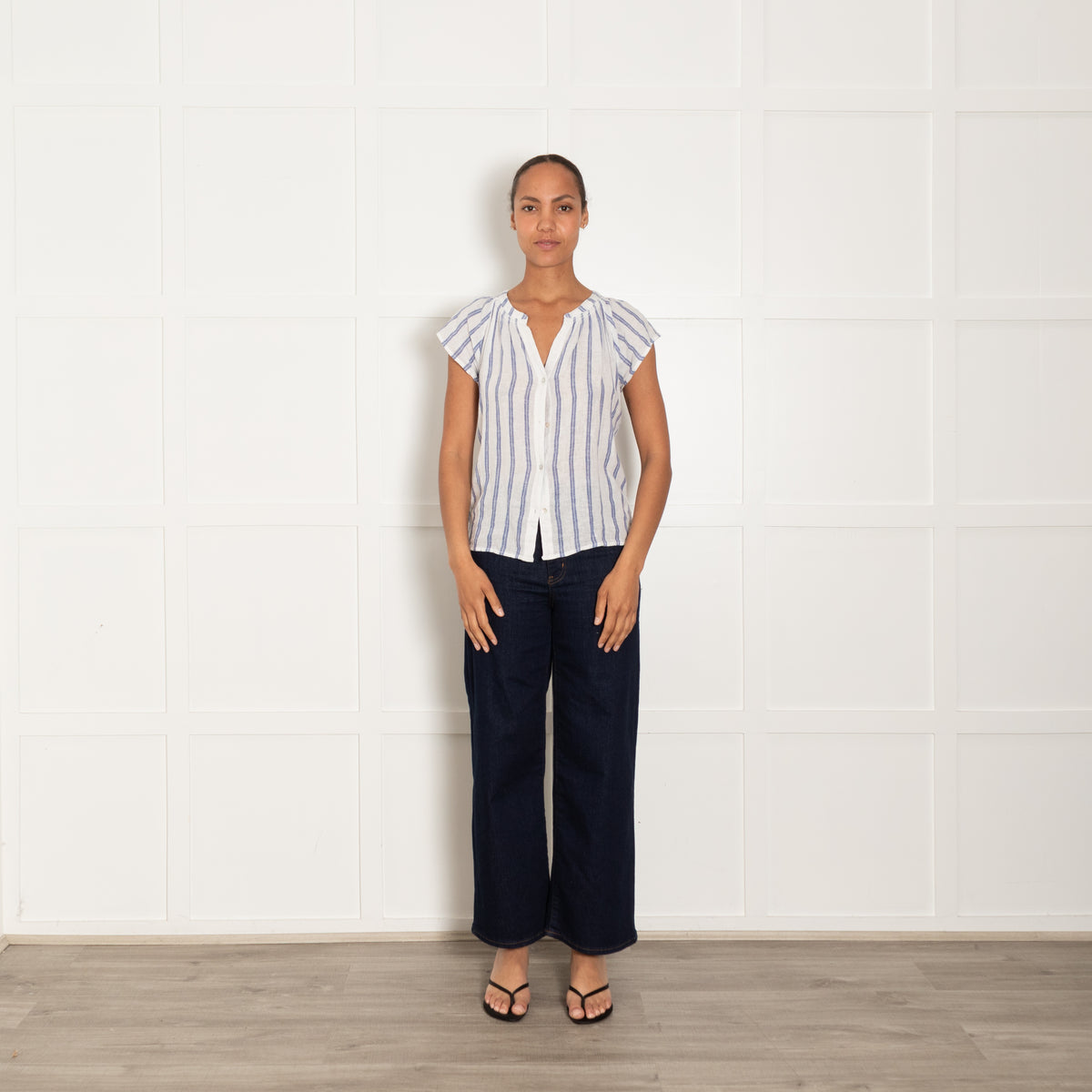 Rails White Blue Stripes Front Button Cotton Top