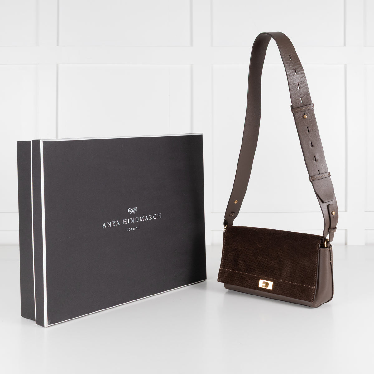 Anya Hindmarch Brown Mortimer Perforted Suede Flap Bag