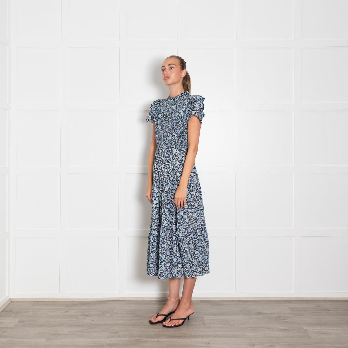 Cefinn Navy Blue Cream Floral Print Smocking Detail Maxi Dress
