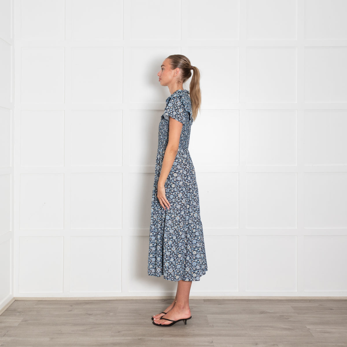 Cefinn Navy Blue Cream Floral Print Smocking Detail Maxi Dress