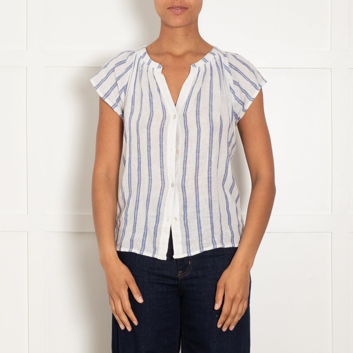 Rails White Blue Stripes Front Button Cotton Top