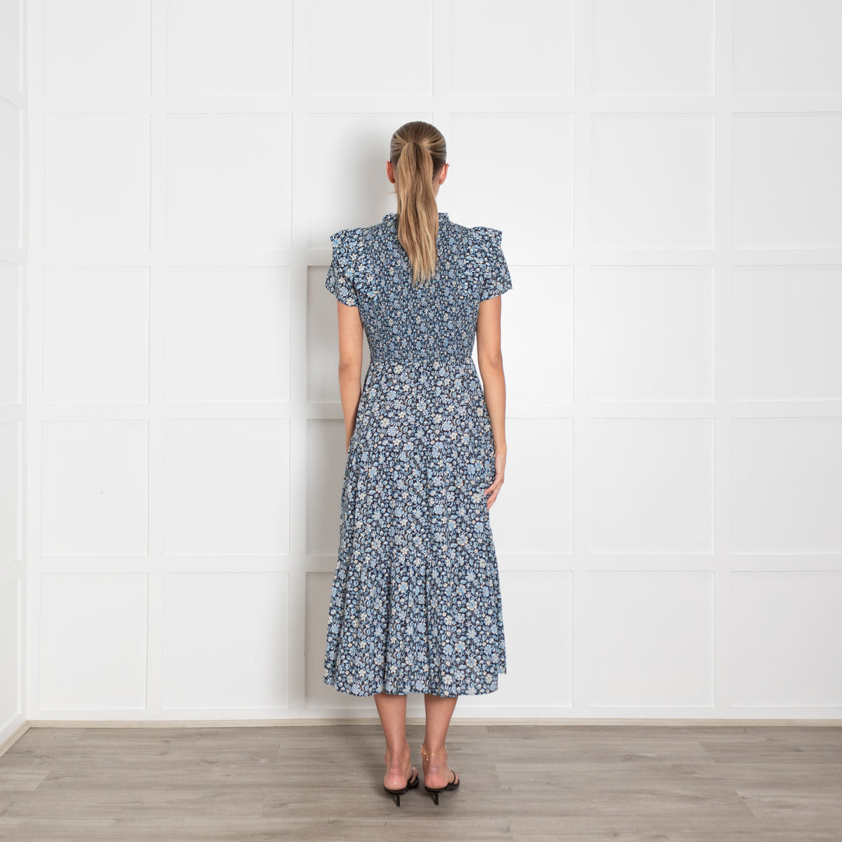 Cefinn Navy Blue Cream Floral Print Smocking Detail Maxi Dress