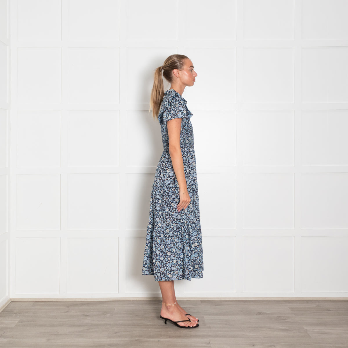 Cefinn Navy Blue Cream Floral Print Smocking Detail Maxi Dress