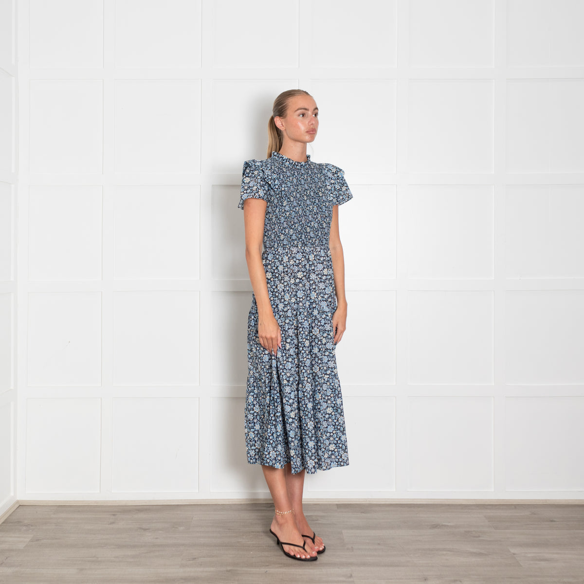 Cefinn Navy Blue Cream Floral Print Smocking Detail Maxi Dress