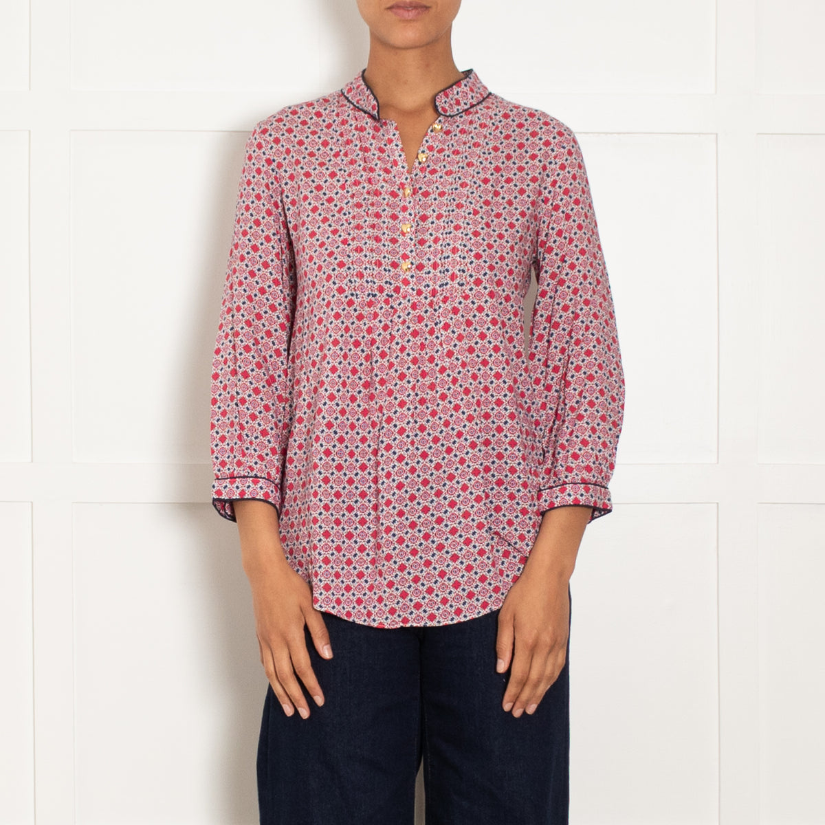 Libelula Red White Navy Tile Print Gold Love Heart Button Blouse