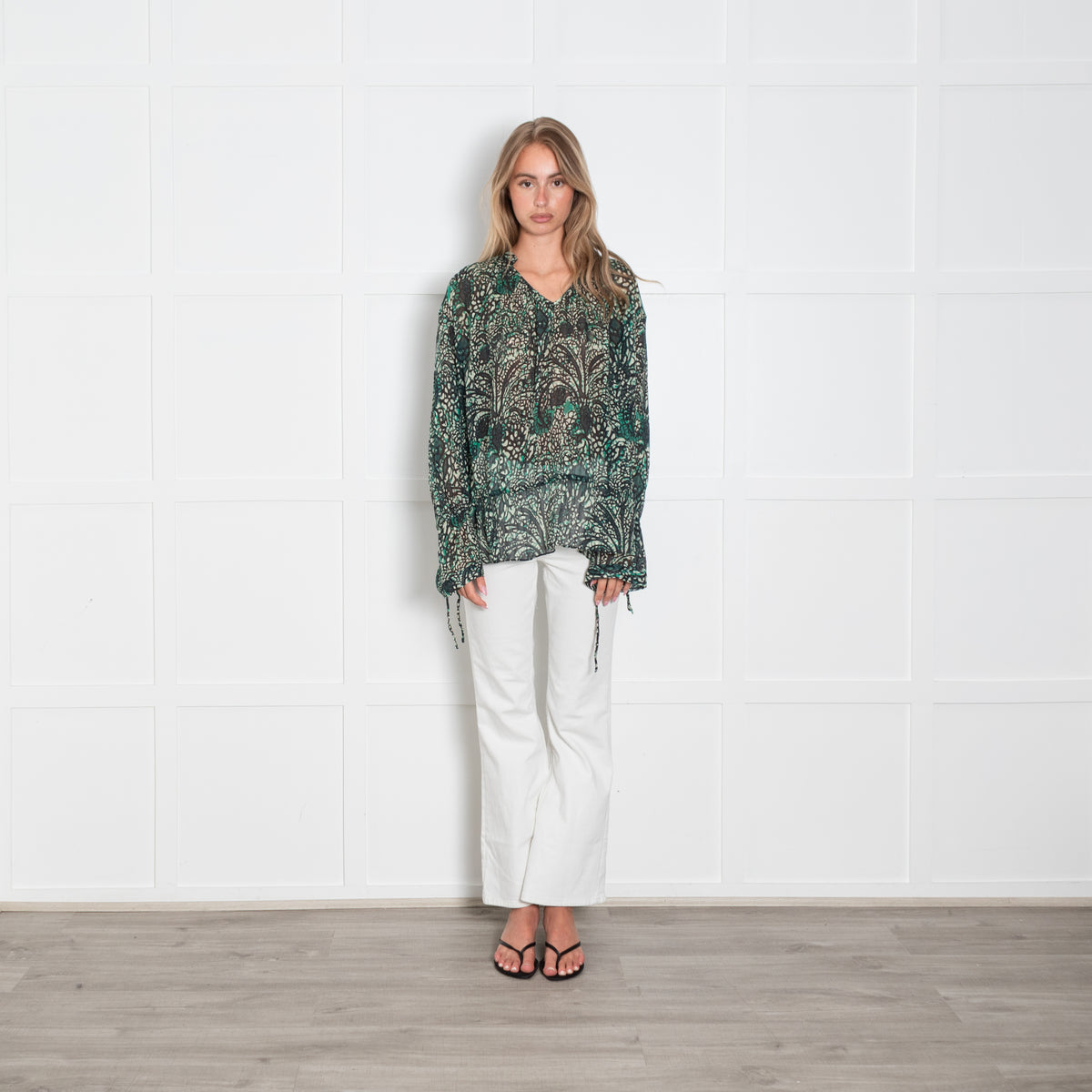 Strenesse Green Patterned Sheer Blouse with Drawstring Waist
