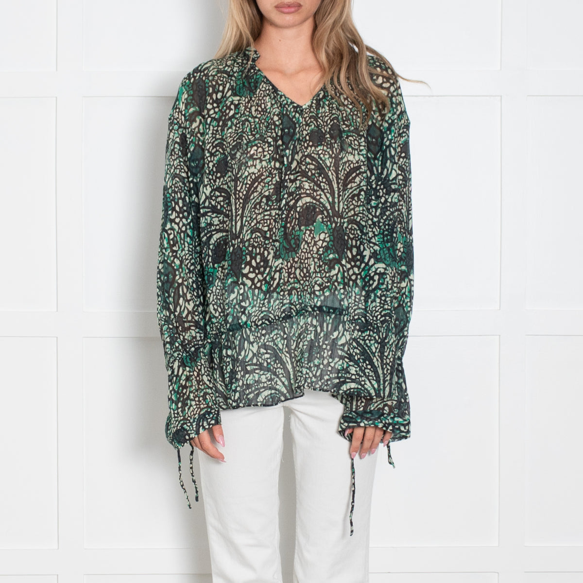 Strenesse Green Patterned Sheer Blouse with Drawstring Waist