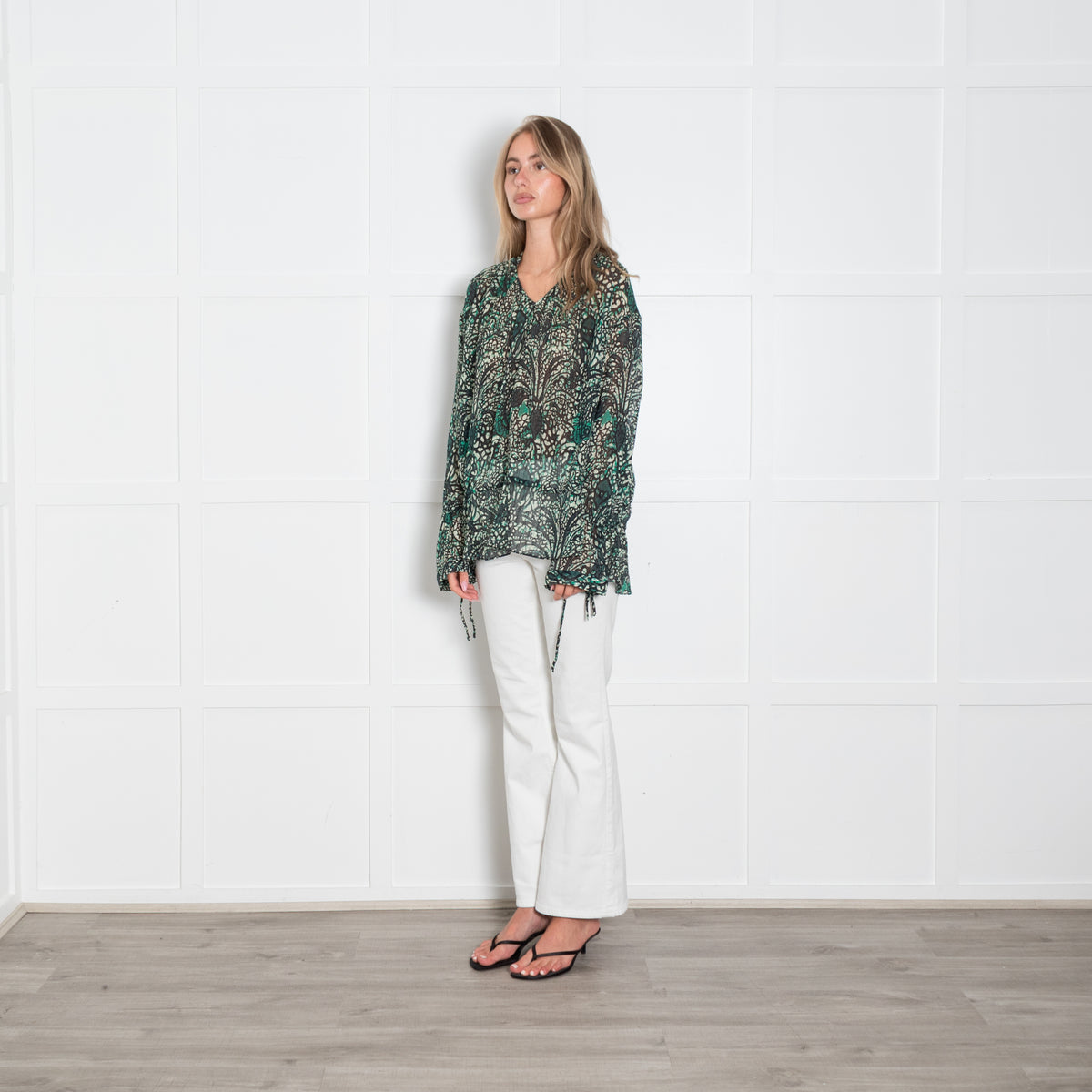 Strenesse Green Patterned Sheer Blouse with Drawstring Waist