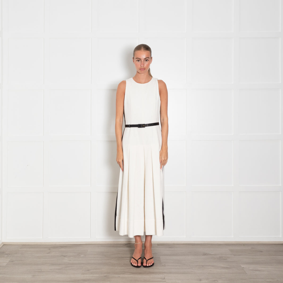 Me + Em Cream Textured Cotton Blend Black Satin Strip & Belt Drop Waist Dress