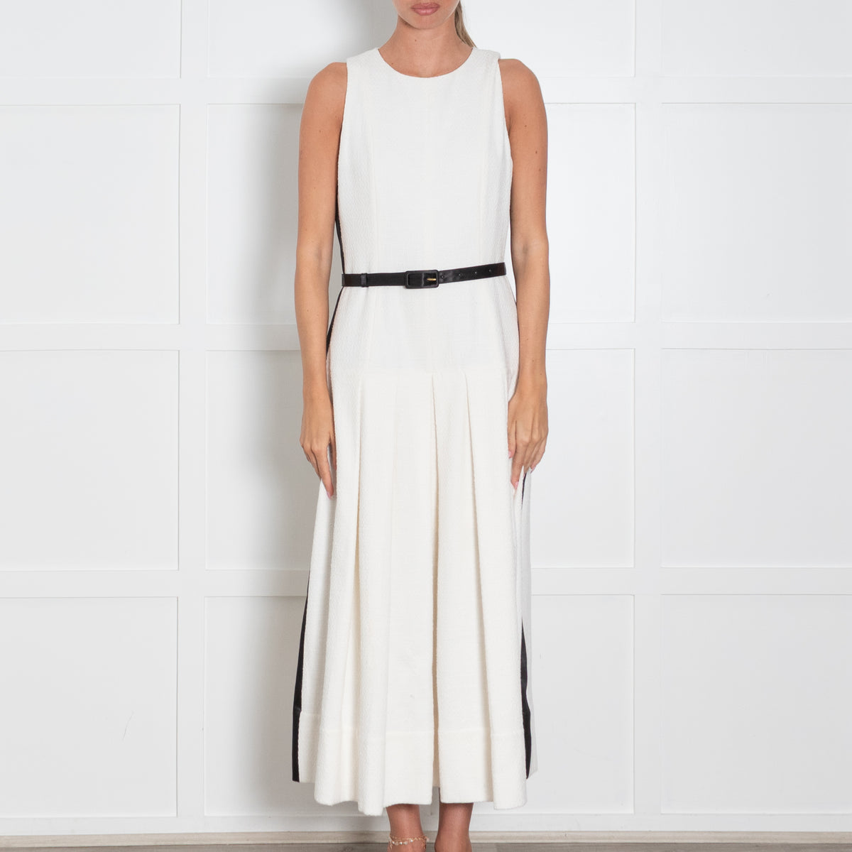 Me + Em Cream Textured Cotton Blend Black Satin Strip & Belt Drop Waist Dress