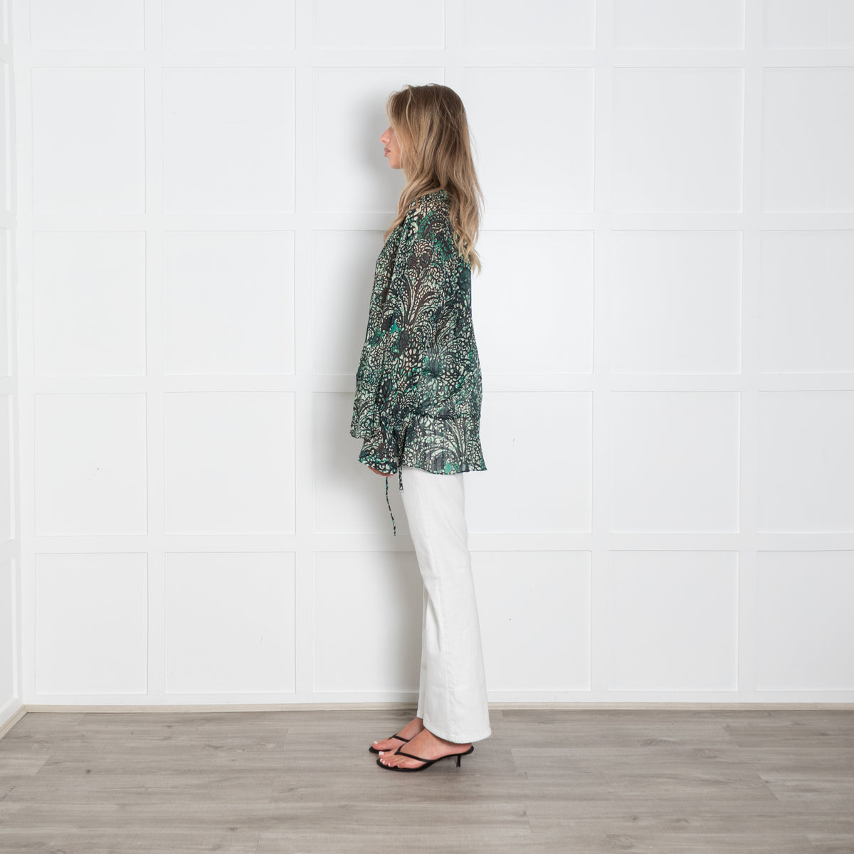 Strenesse Green Patterned Sheer Blouse with Drawstring Waist