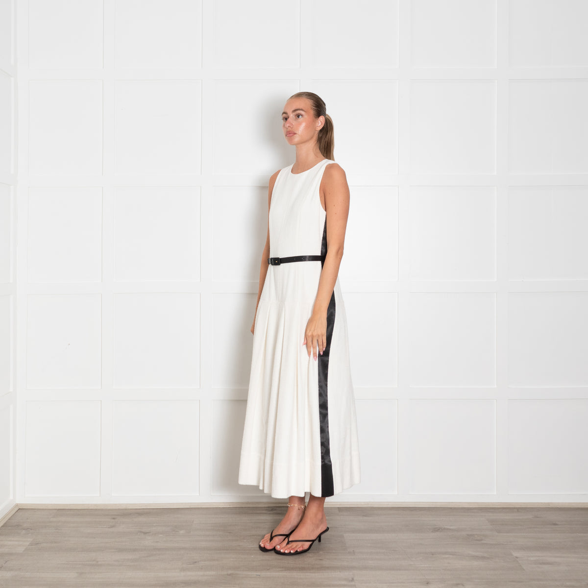 Me + Em Cream Textured Cotton Blend Black Satin Strip & Belt Drop Waist Dress