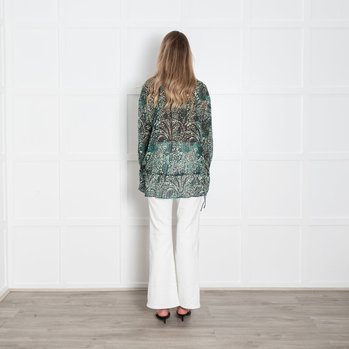 Strenesse Green Patterned Sheer Blouse with Drawstring Waist