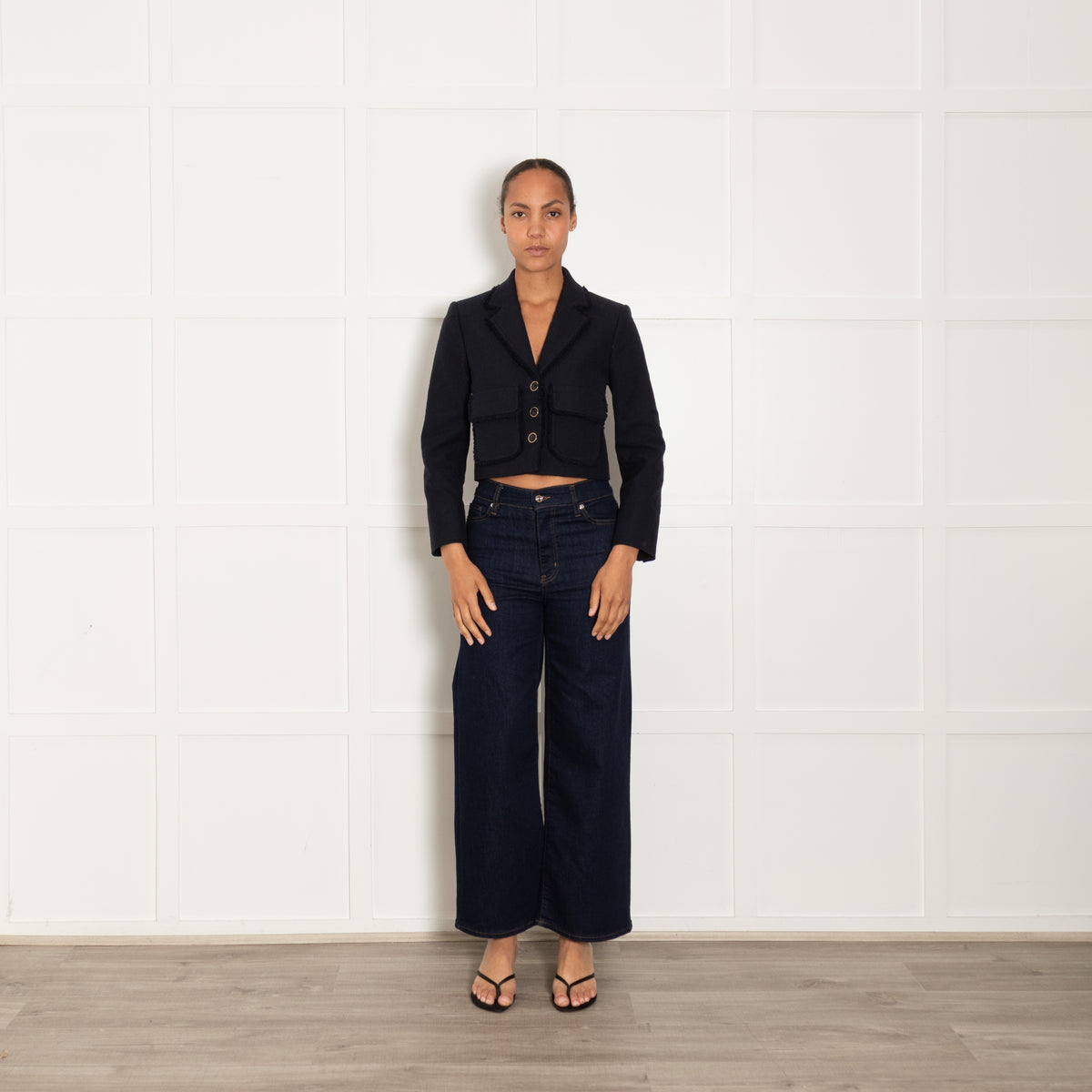 Me + Em Navy Cotton Blend Fringe Trim Cropped Jacket