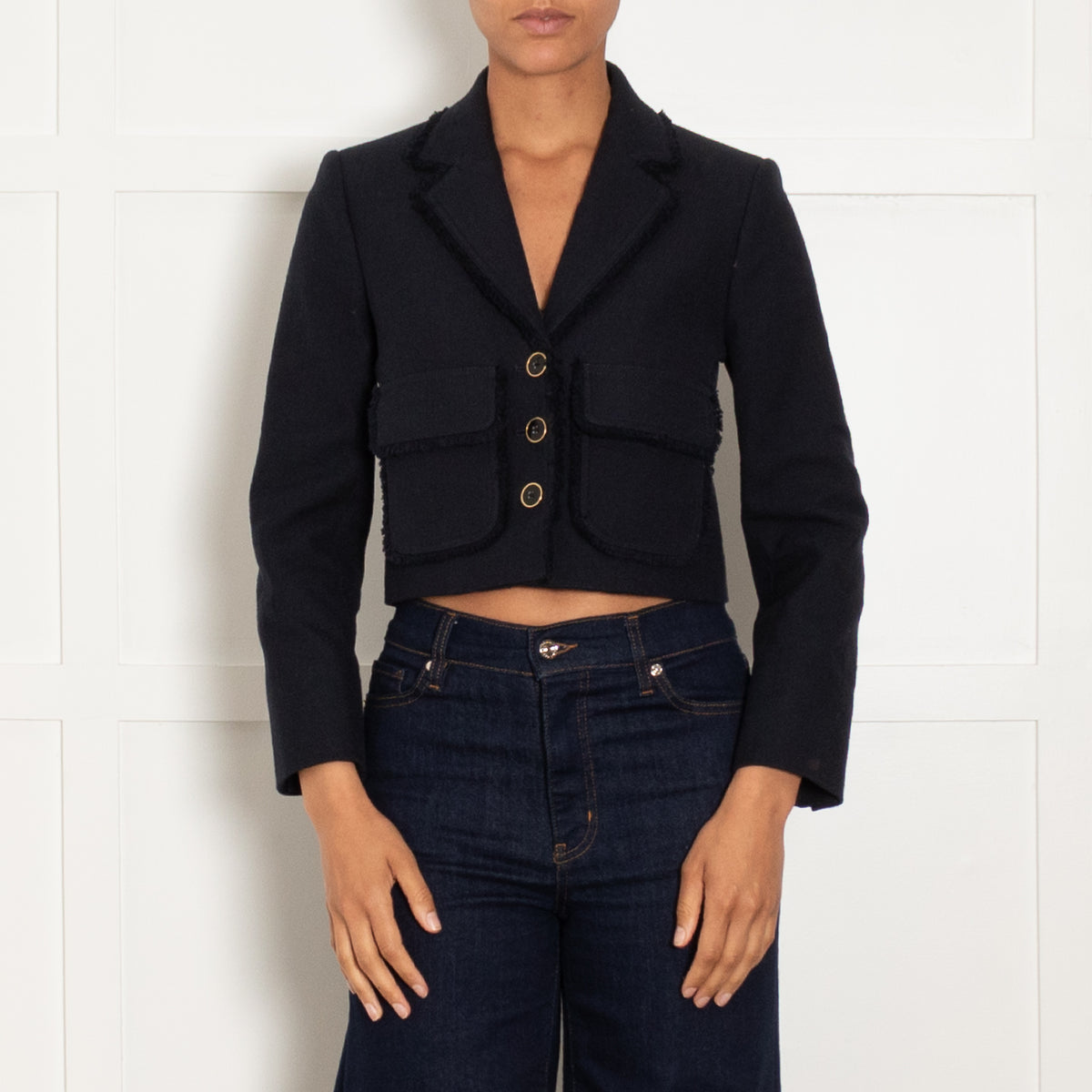 Me + Em Navy Cotton Blend Fringe Trim Cropped Jacket