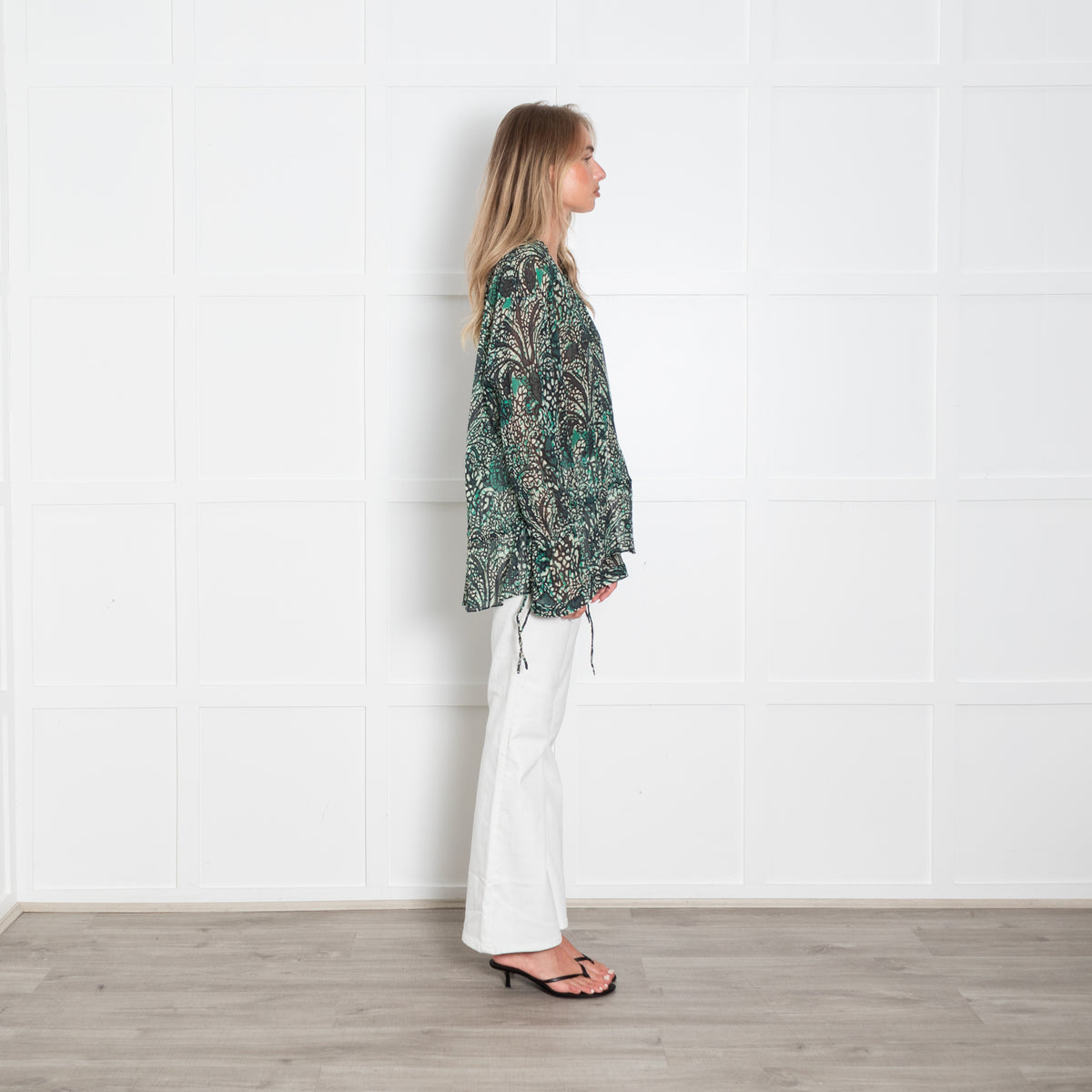 Strenesse Green Patterned Sheer Blouse with Drawstring Waist