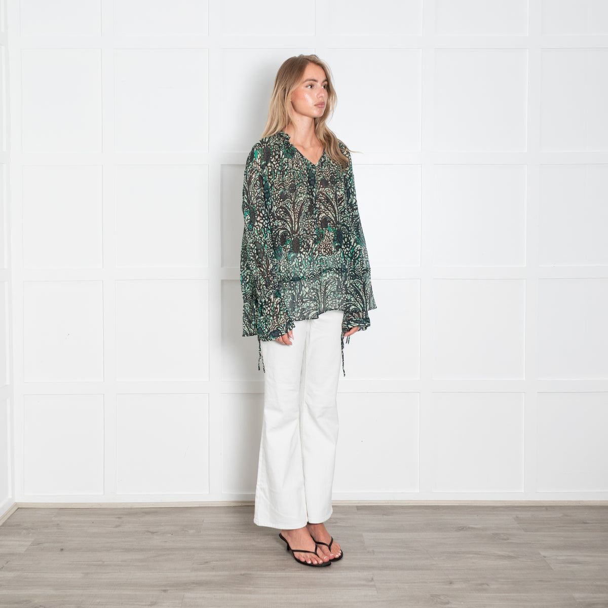Strenesse Green Patterned Sheer Blouse with Drawstring Waist