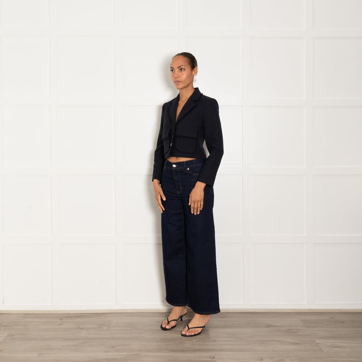 Me + Em Navy Cotton Blend Fringe Trim Cropped Jacket