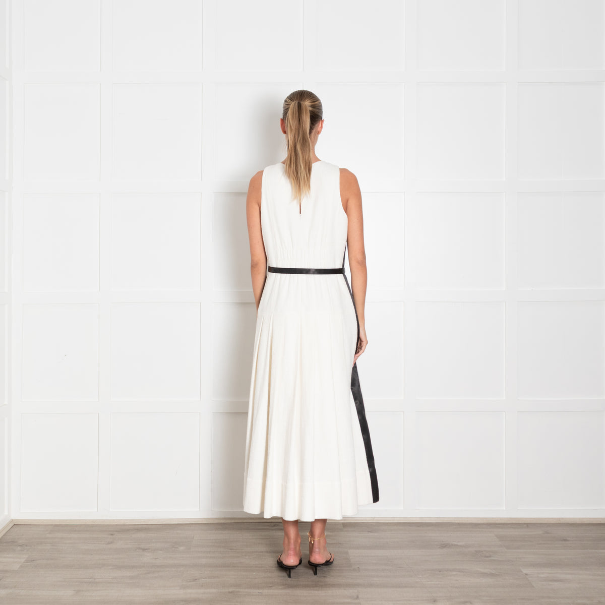 Me + Em Cream Textured Cotton Blend Black Satin Strip & Belt Drop Waist Dress