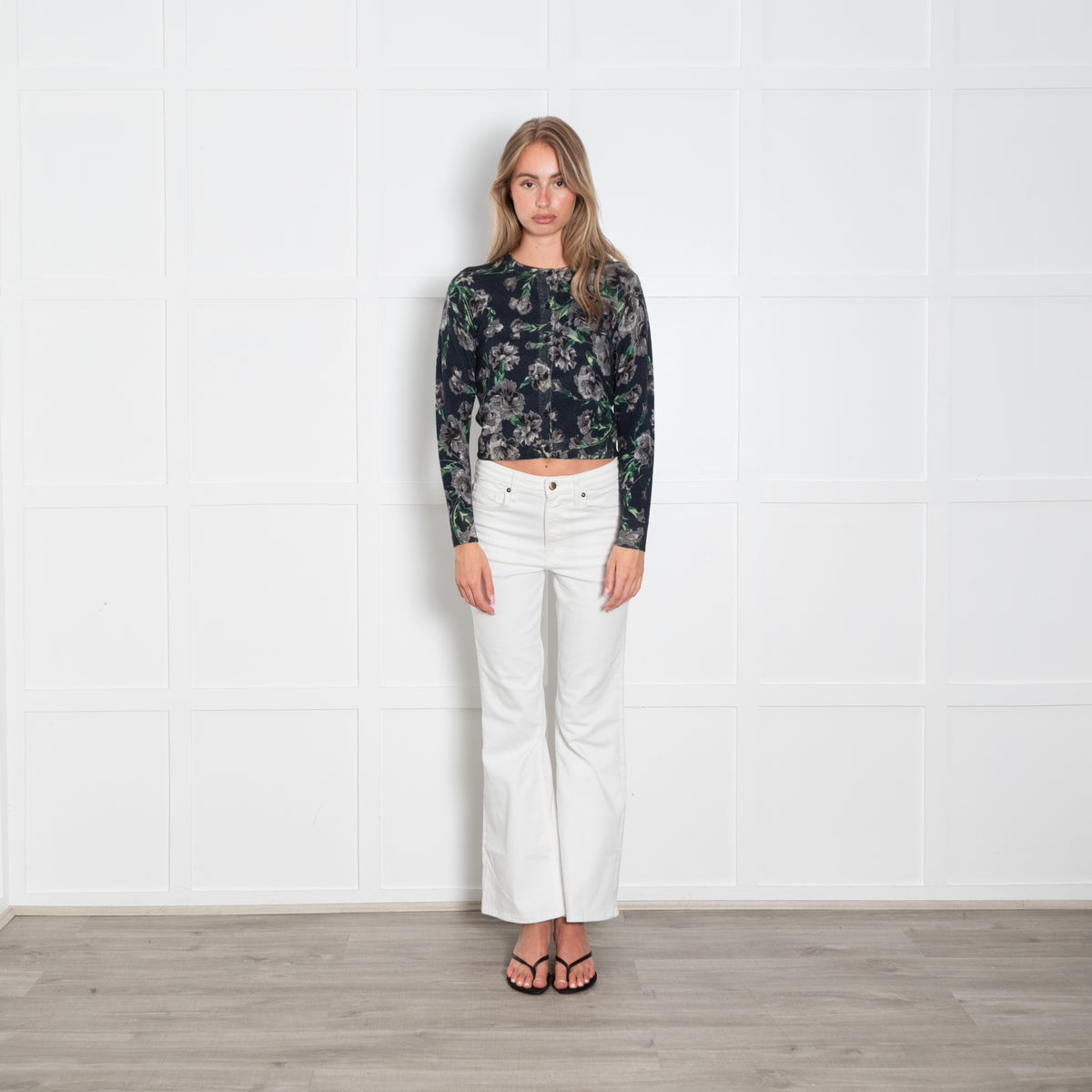 Samantha Sung Navy and Grey Floral Short Cardigan