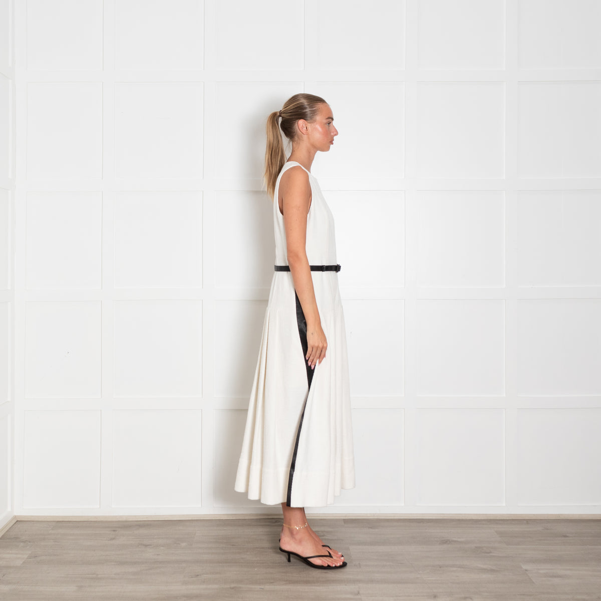 Me + Em Cream Textured Cotton Blend Black Satin Strip & Belt Drop Waist Dress