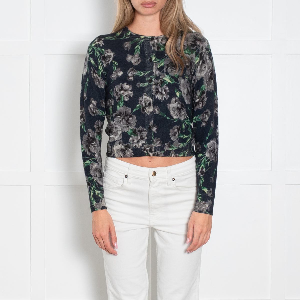 Samantha Sung Navy and Grey Floral Short Cardigan
