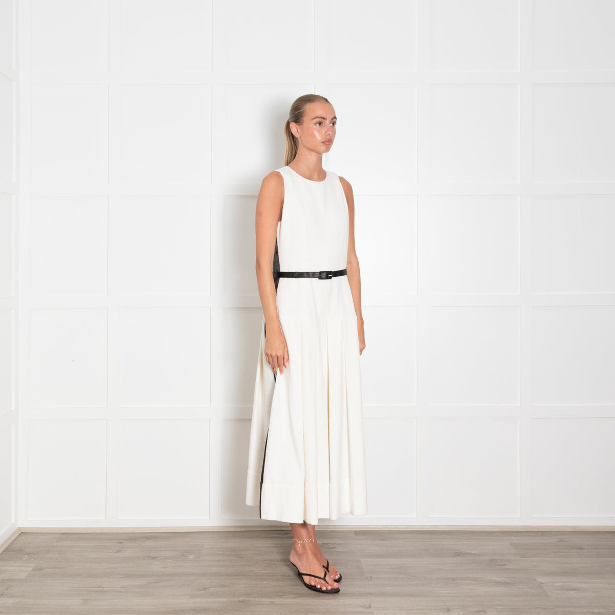 Me + Em Cream Textured Cotton Blend Black Satin Strip & Belt Drop Waist Dress