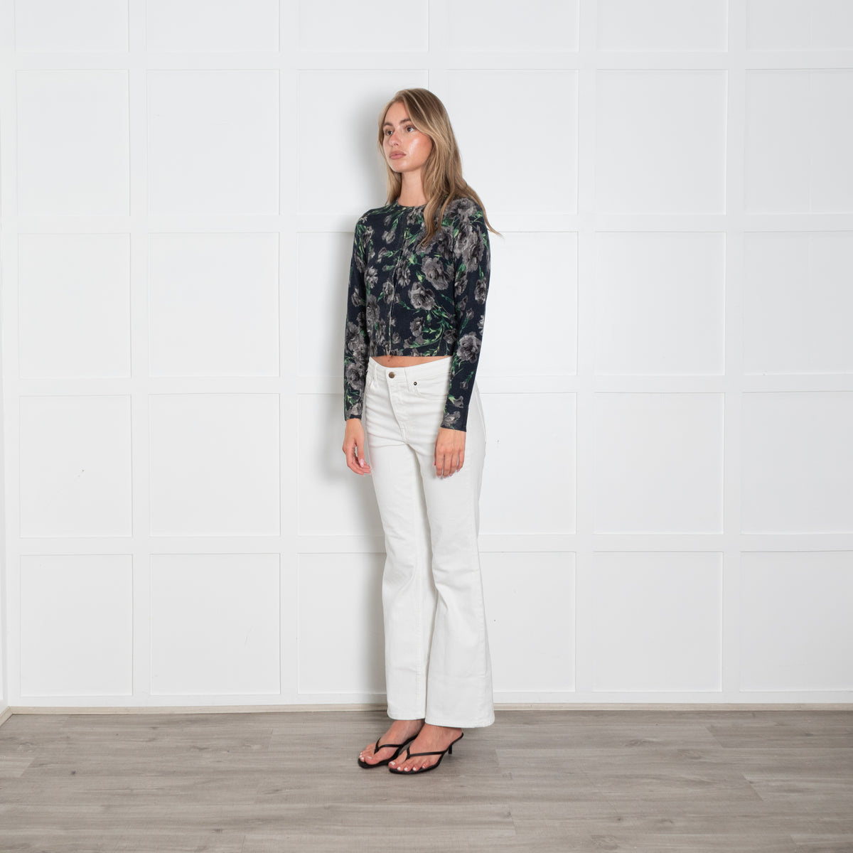 Samantha Sung Navy and Grey Floral Short Cardigan