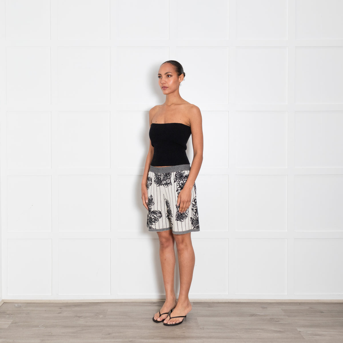 Joseph Black and Cream Knit Floral Shorts
