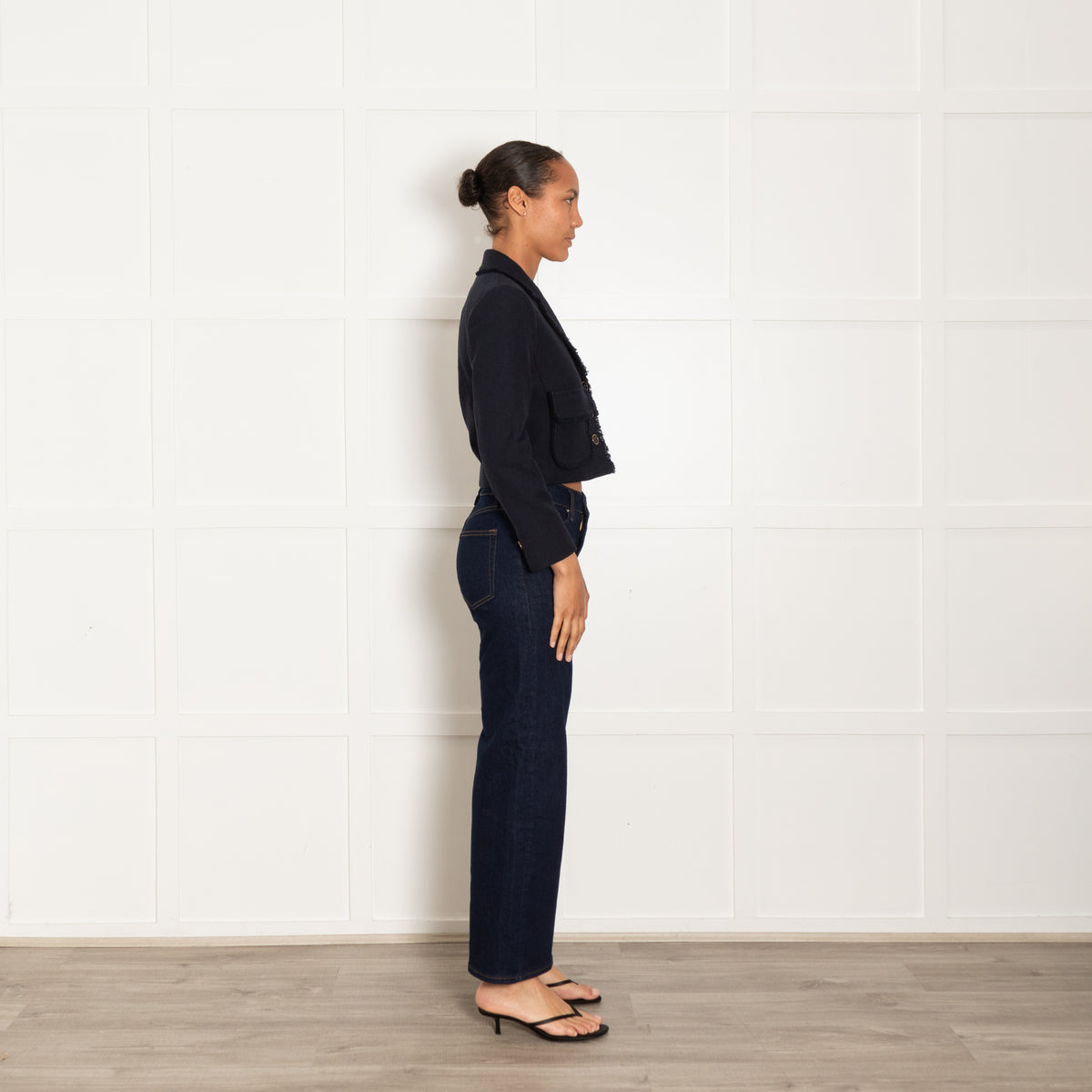Me + Em Navy Cotton Blend Fringe Trim Cropped Jacket