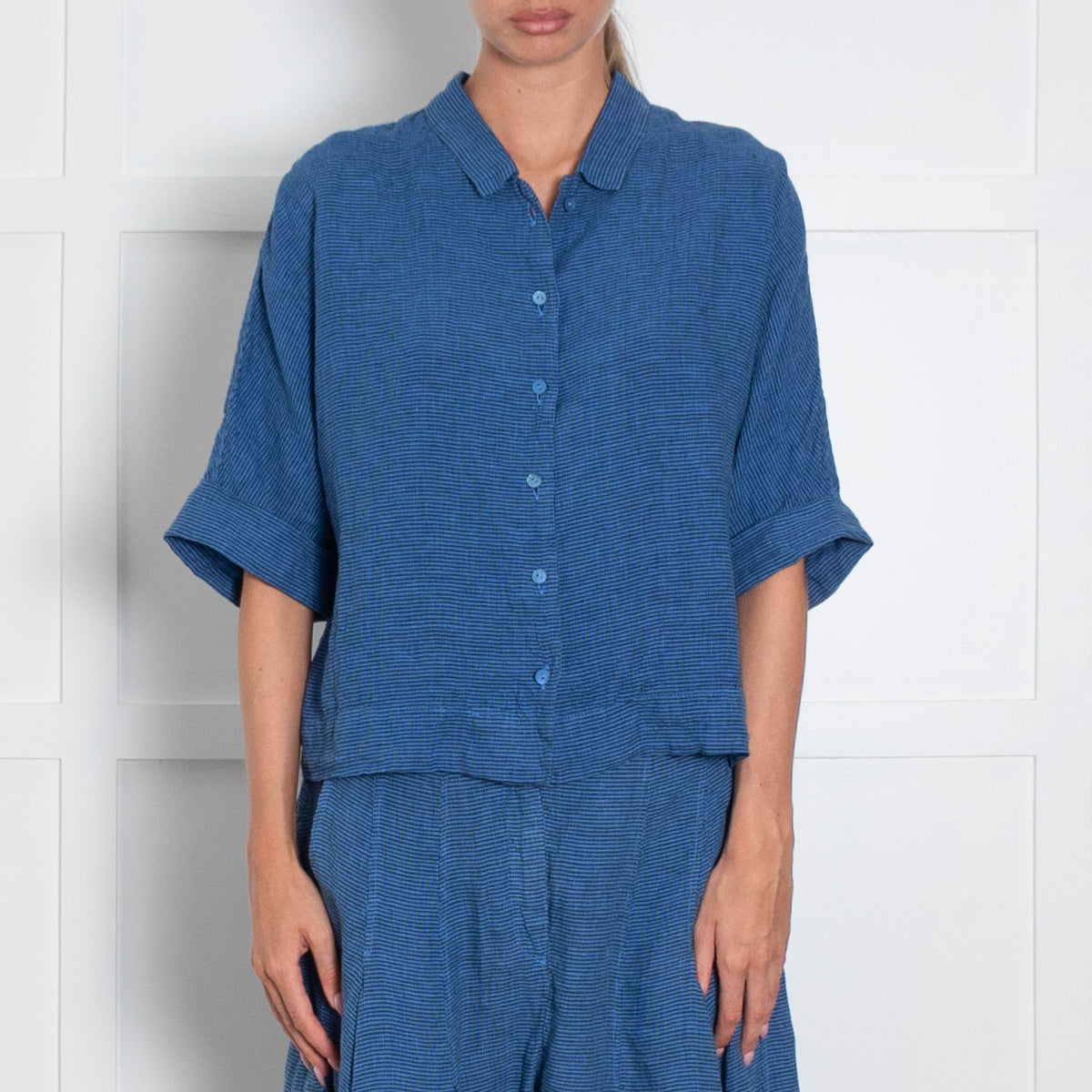 Oska Blue Black Check Linen Top